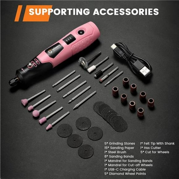 4V Cordless Rotary Tool, 3-Speeds 18000 RPM Rotary Tool w/ 43 Accessories, Pink - Picture 4 of 7